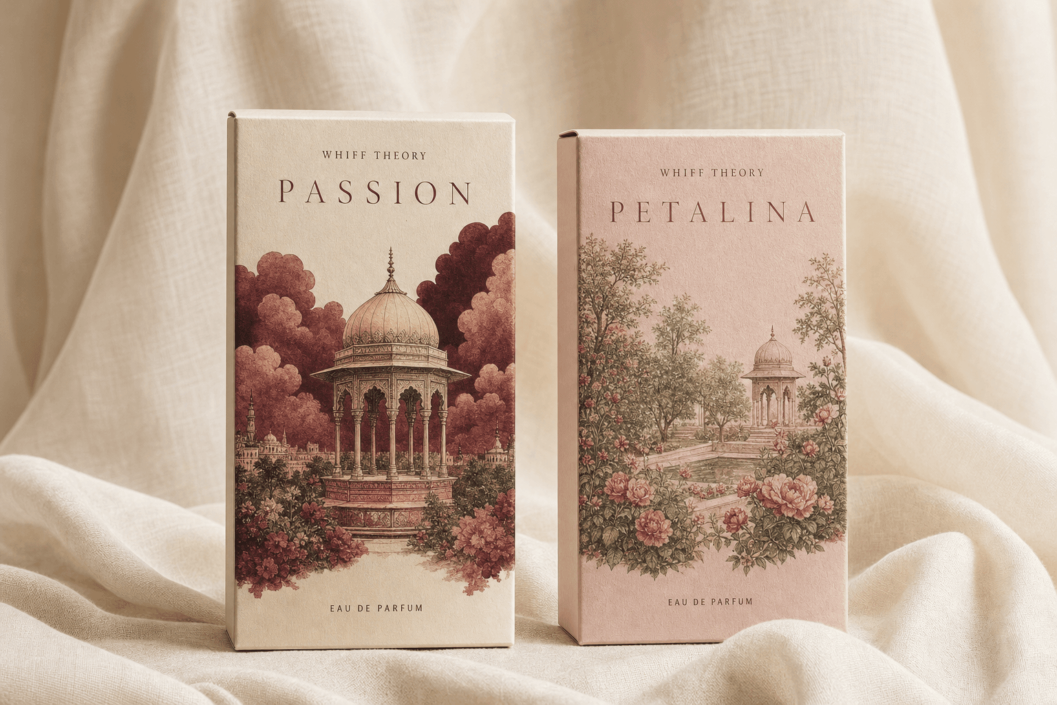 Whiff Theory perfume boxes — Passion and Petalina, illustrated packaging on ivory linen